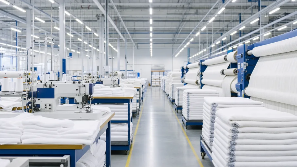 Interior da fábrica de enxoval para hotelaria, com estações de costura industrial