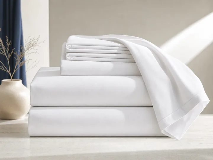 Lençóis e fronhas de algodão dobrados, enxoval de cama para hotelaria